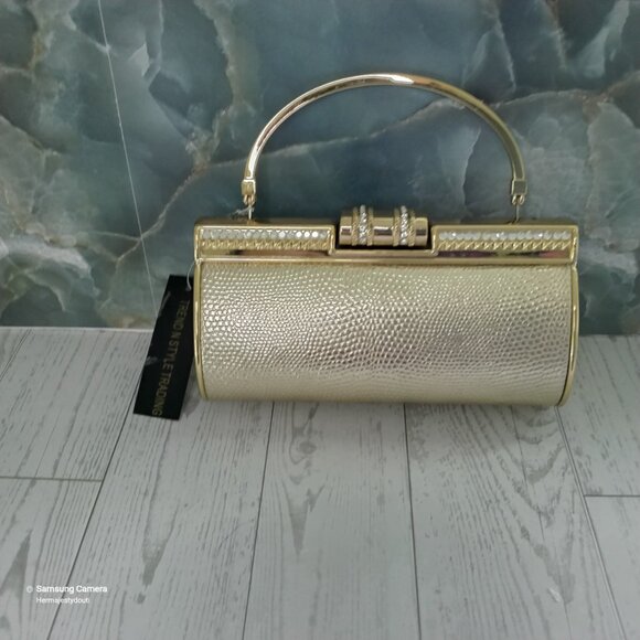 3-Way Gold Clutch Evening Bag Solid Handle Crystal Latch Removable Chain Strap - Picture 1 of 8